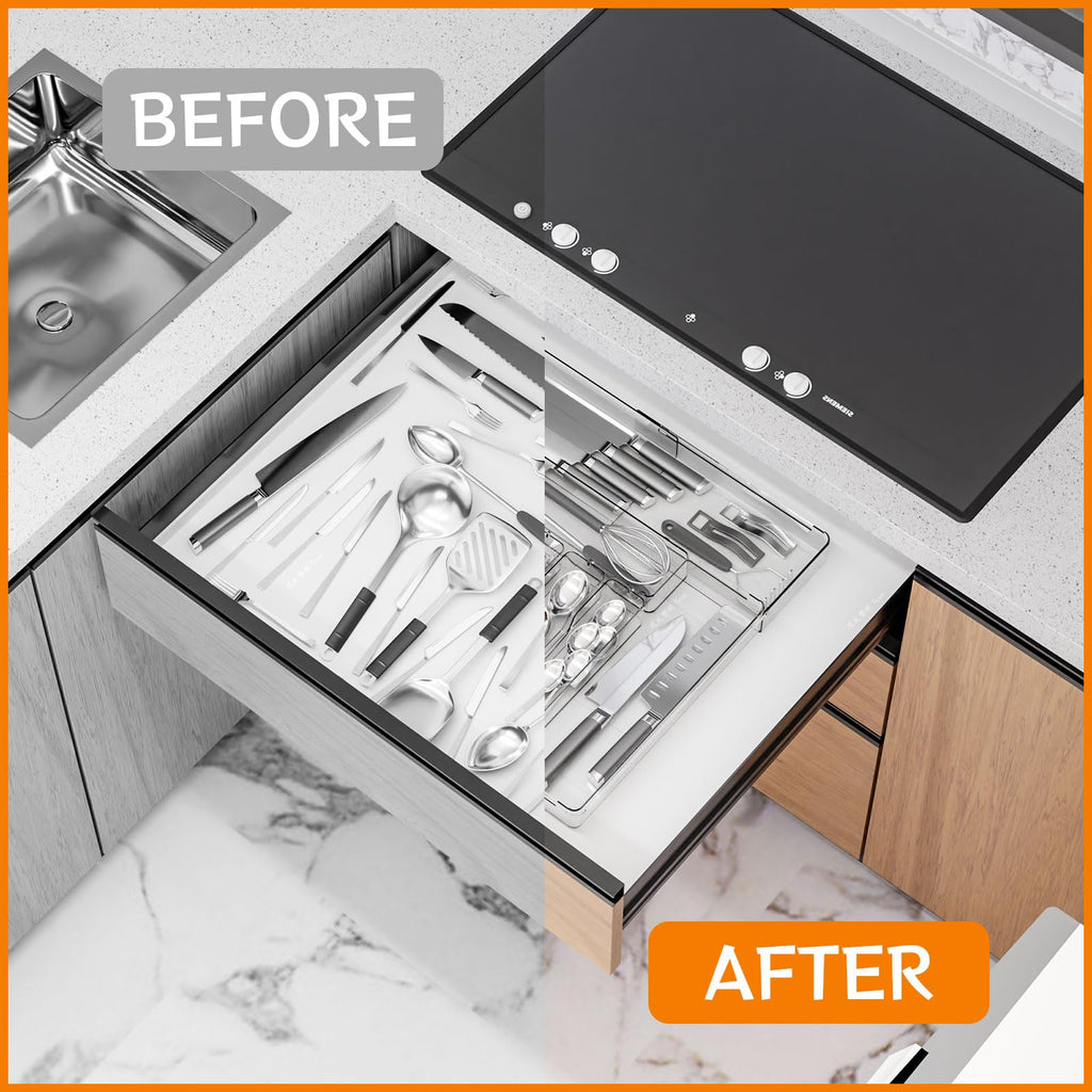 Clear Expandable Silverware Organizers Drawers,Large BPA Free Cutlery Organizer in Drawer,Plastic Utensil Drawer