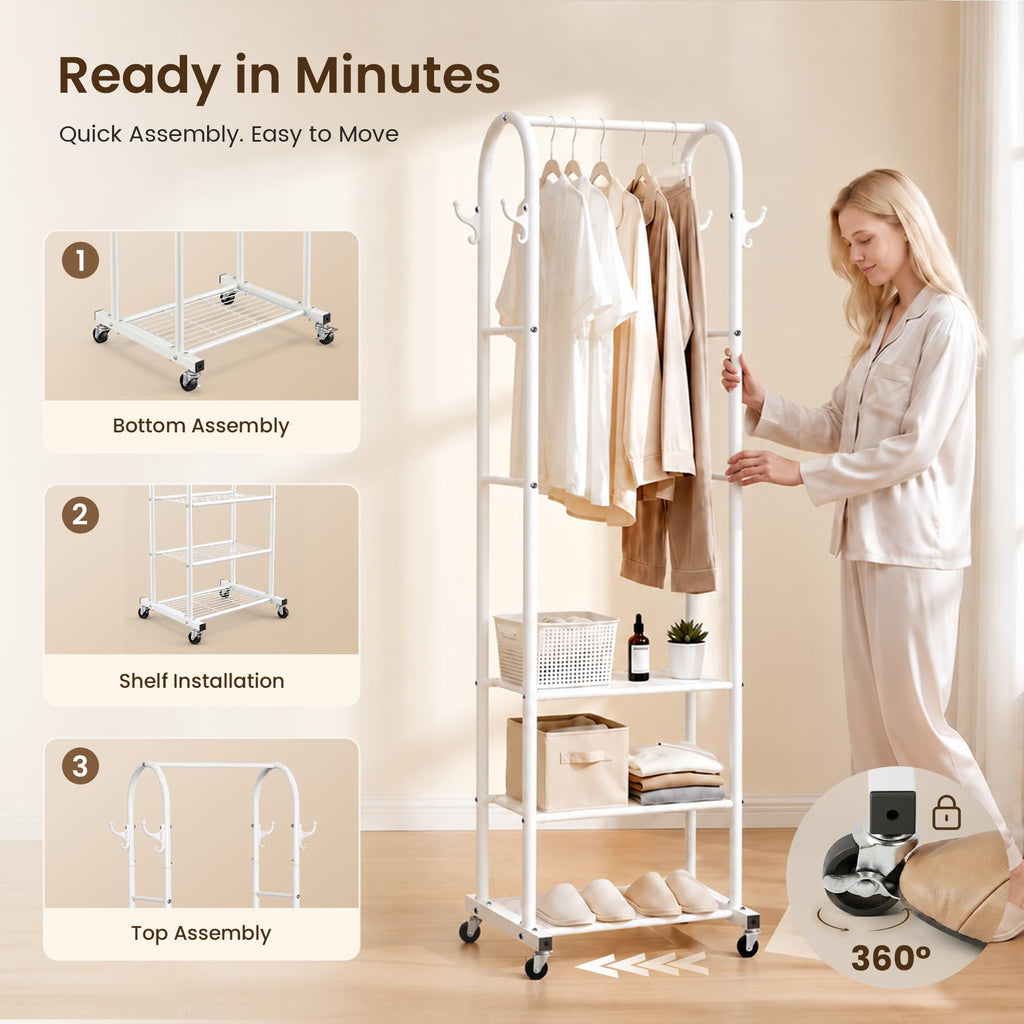 Small Clothes Rack with 3-Tier Mesh Shelves & 8 Hooks, White