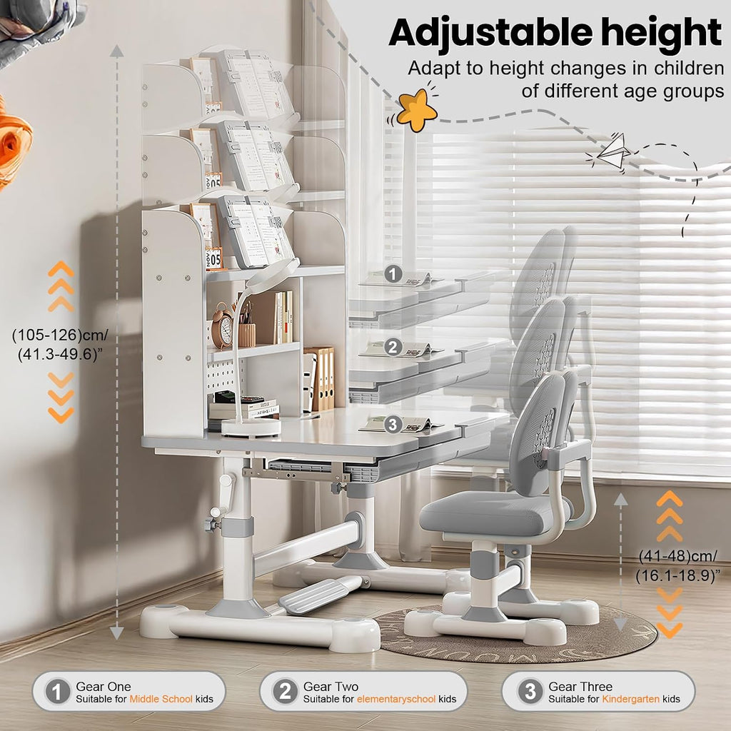 Height Adjustable Desk and Chair Set for Kids, Ergonomic Learning Desk with Tiltable Desktop Hand Crank Children's