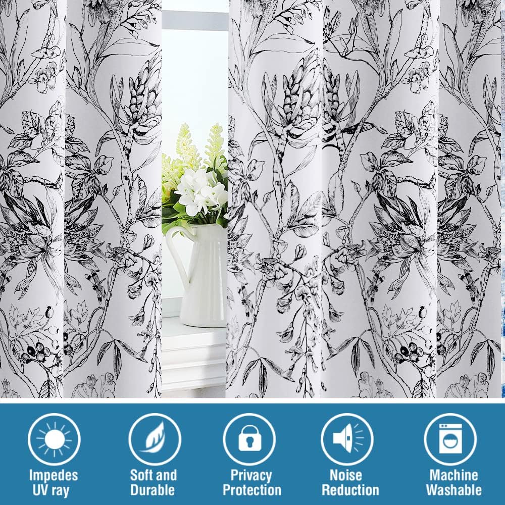100% Blackout Curtains for Living Room Camellia Floral Blackout Curtains 84 Inches Long Light Blocking Window