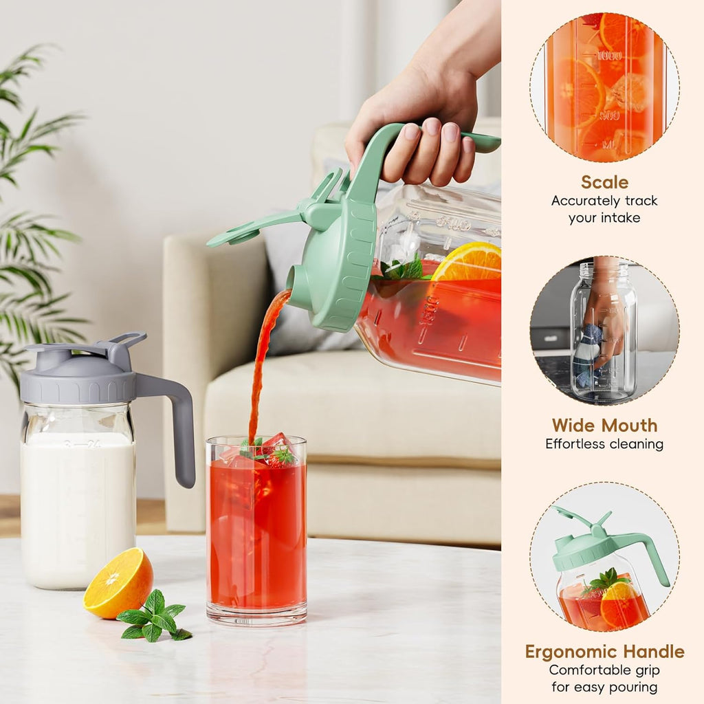 Glass Mason Jar Pitcher, 64 oz Wide Mouth Jug with Pour Spout Handle Lid for Cold Brew Coffee, Ice Beverage, Iced
