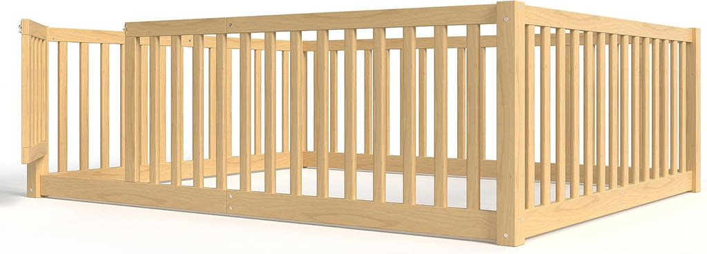 Full Size Kids Montessori Floor Bed with Door,Solid Wood Floor Bed Frame with High Fence for Girls,Boys,Natural