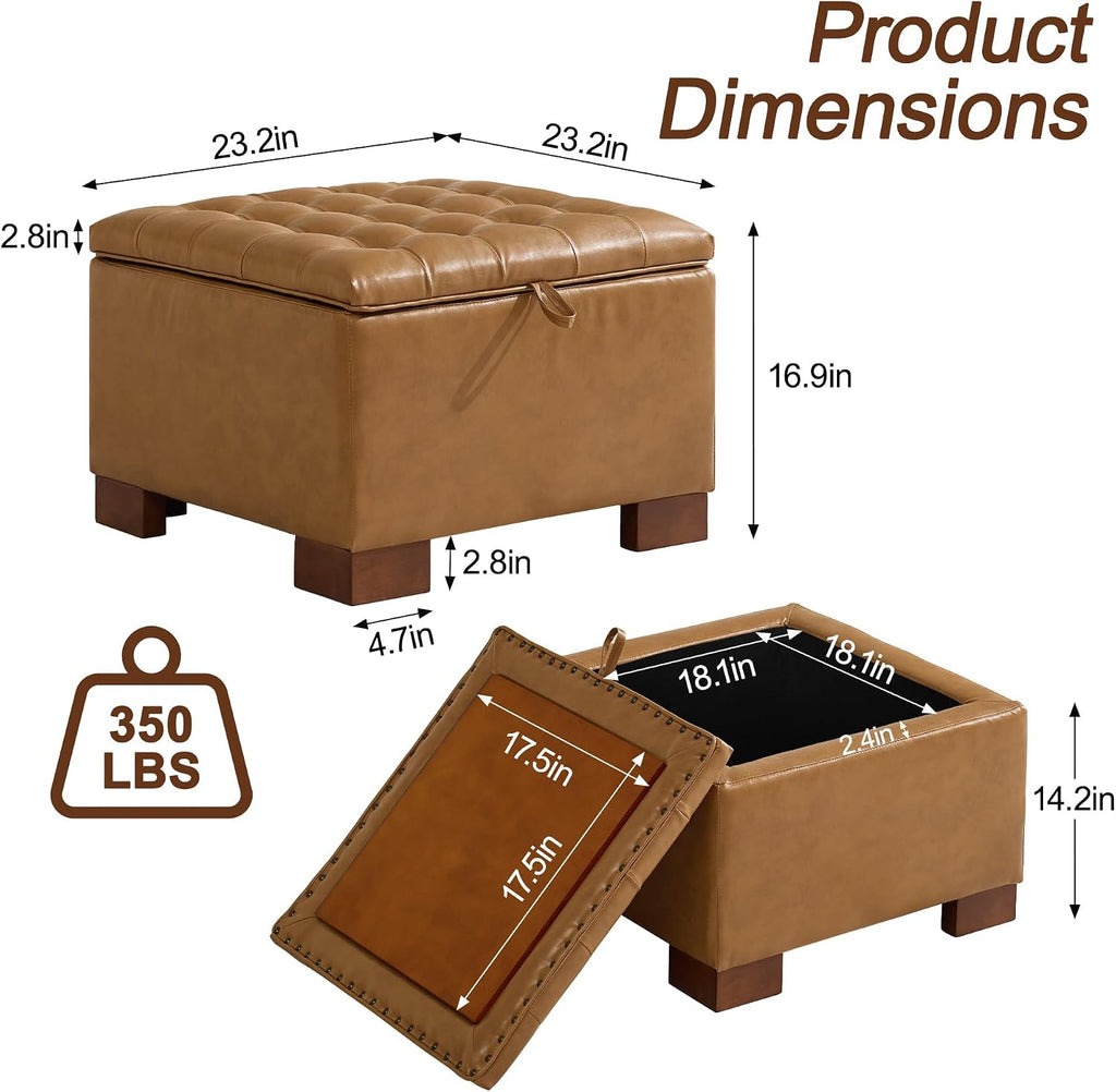 24" Faux Leather Square Storage Ottoman with Wooden Tray, Modern Tufted Button Footstool Coffee Table, Upholstered
