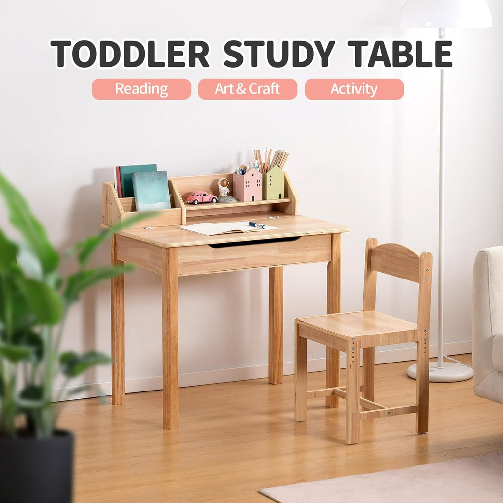 Wood Kids Desk and Chair Set, Height Adjustable Children Study Desk with Flip-Top Storage, Book Rack and Hutch