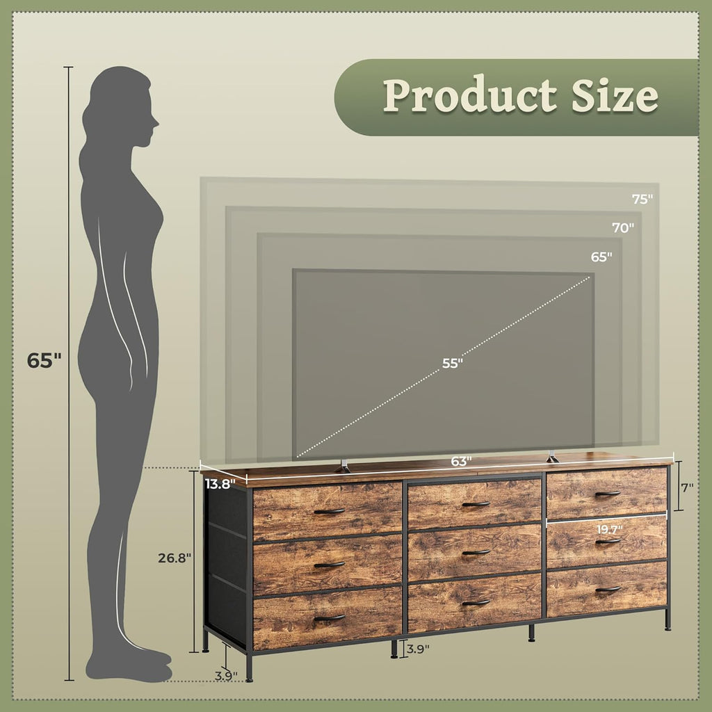 63 Inch Dresser , Dresser for Closet with 9 Fabric Drawers, Large TV Stand for 55, 65, 70 Inch TV, Entertainment