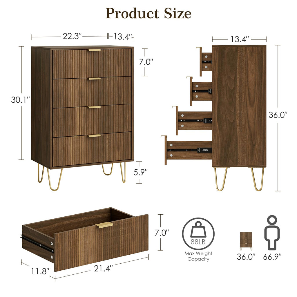 4 Drawer, Drawer Chest, Tall Storage Chest Cabinet Organizer Unit with Gold Metal Legs, Nightstand, Closet, Hallway