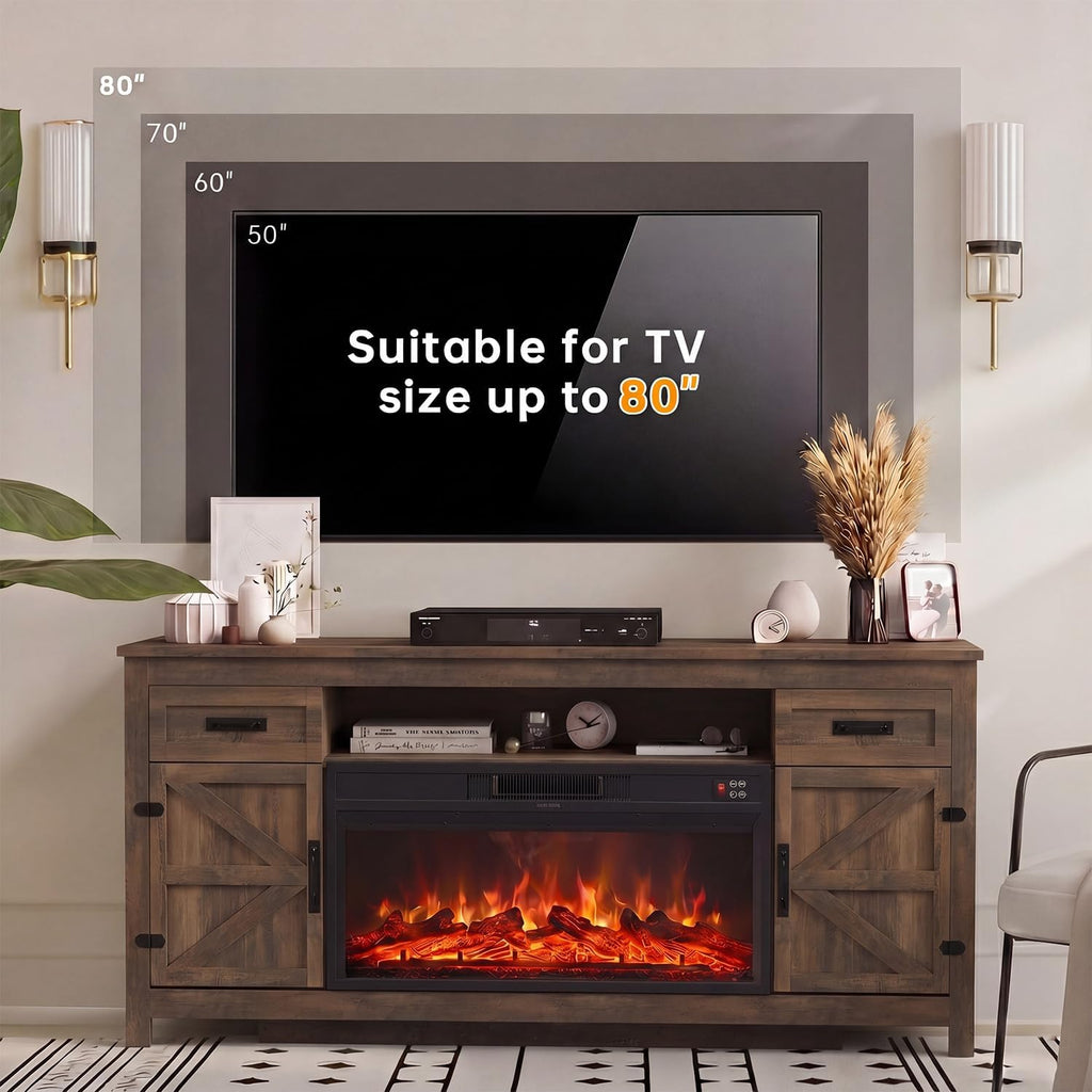 Fireplace TV Stand, 70" Farmhouse TV Stand with Barn Door for 80" TVs, Entertainment Center with Black Fireplace &