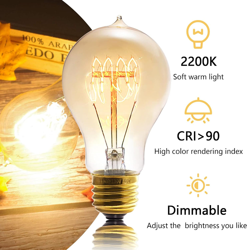A19 Incandescent Light Bulbs 40W E26 Dimmable Edison Bulbs 2 Pack