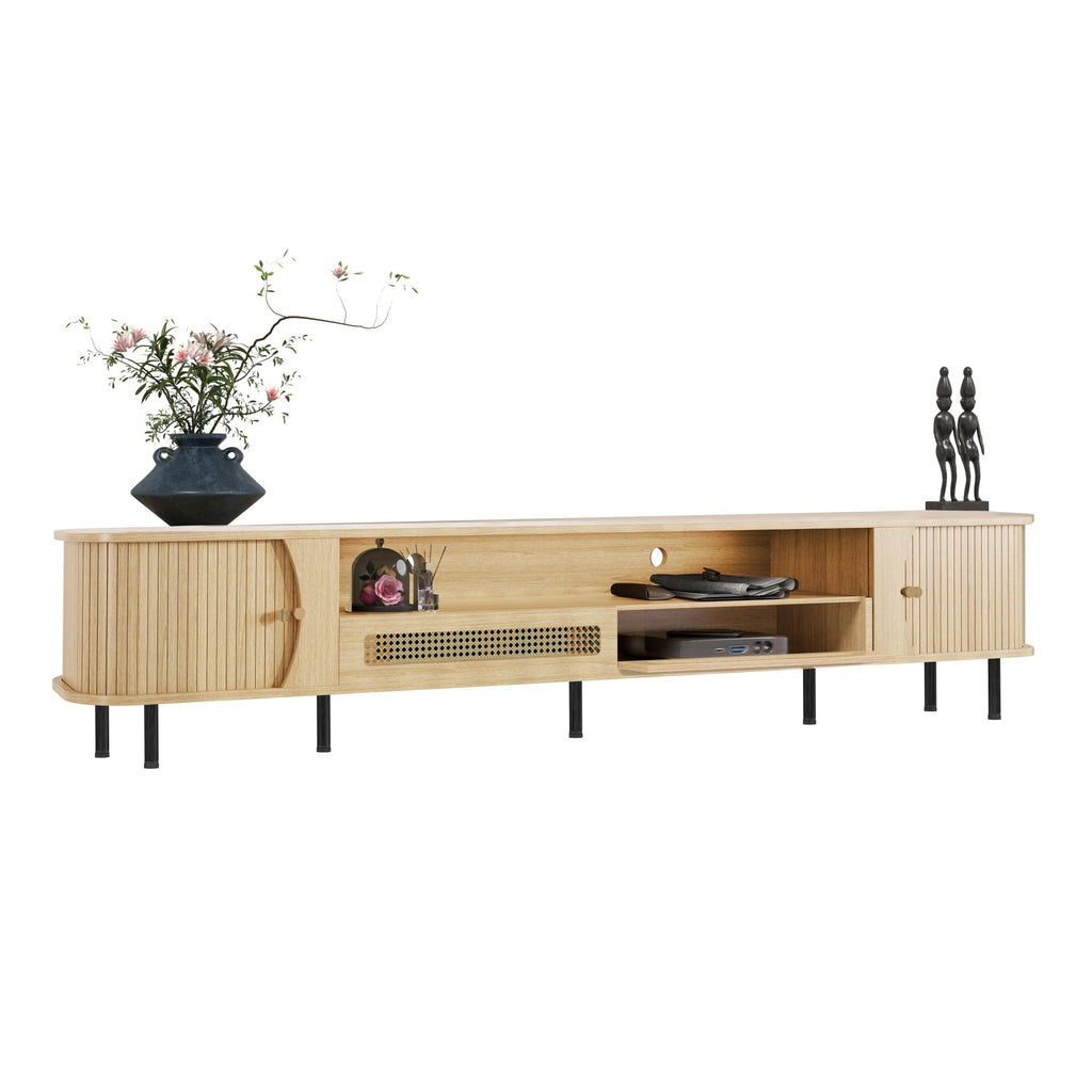 94" Mid Century Modern TV Stand, Wood TV Consoles with Sliding Doors and Rattan Door, Entertainment Center with
