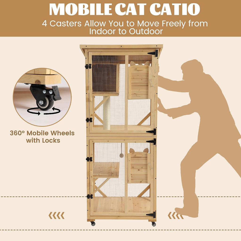71" Catio Outdoor Cat Enclosure Window Access, Original Wood