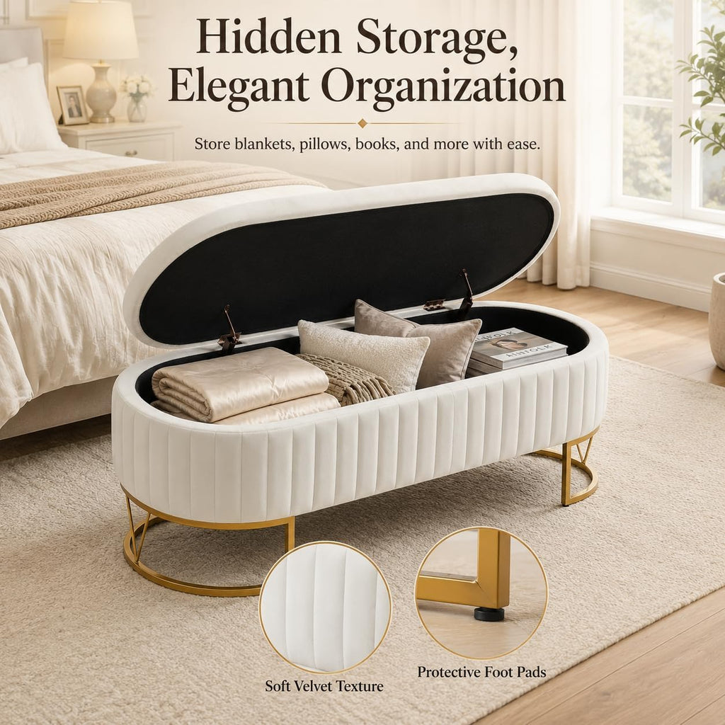 Velvet Storage Bench for Queen Size Bed, 46'' Beige Oval Ottoman, Gold Legs | Easy Assembly, Housewarming Gift