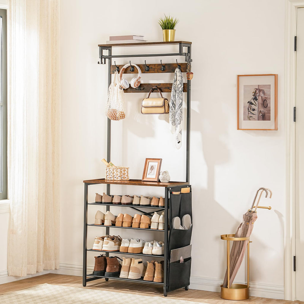 Hall Tree with Bench, Entryway Coat Rack with Shoe Rack, Shoe and Coat Rack, 5 Tier Shoe Storage Organizer with