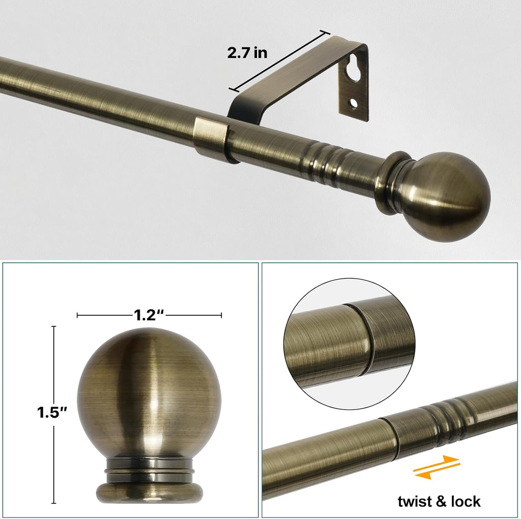 Antique Brass Curtain Rods for Windows 28 to 48 inch, 5/8 inch Small Curtain Rod Set with Brackets, Heavy Duty