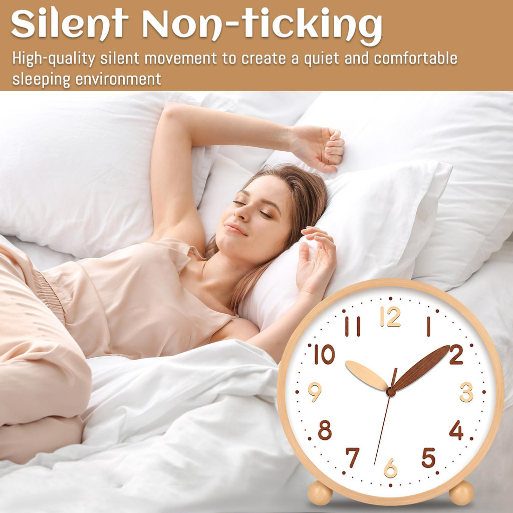 Wooden Table Clock, 8in Silent Non-Ticking Desk Clock, Battery Operated Desktop Analog Clock Bedroom Kitchen Office