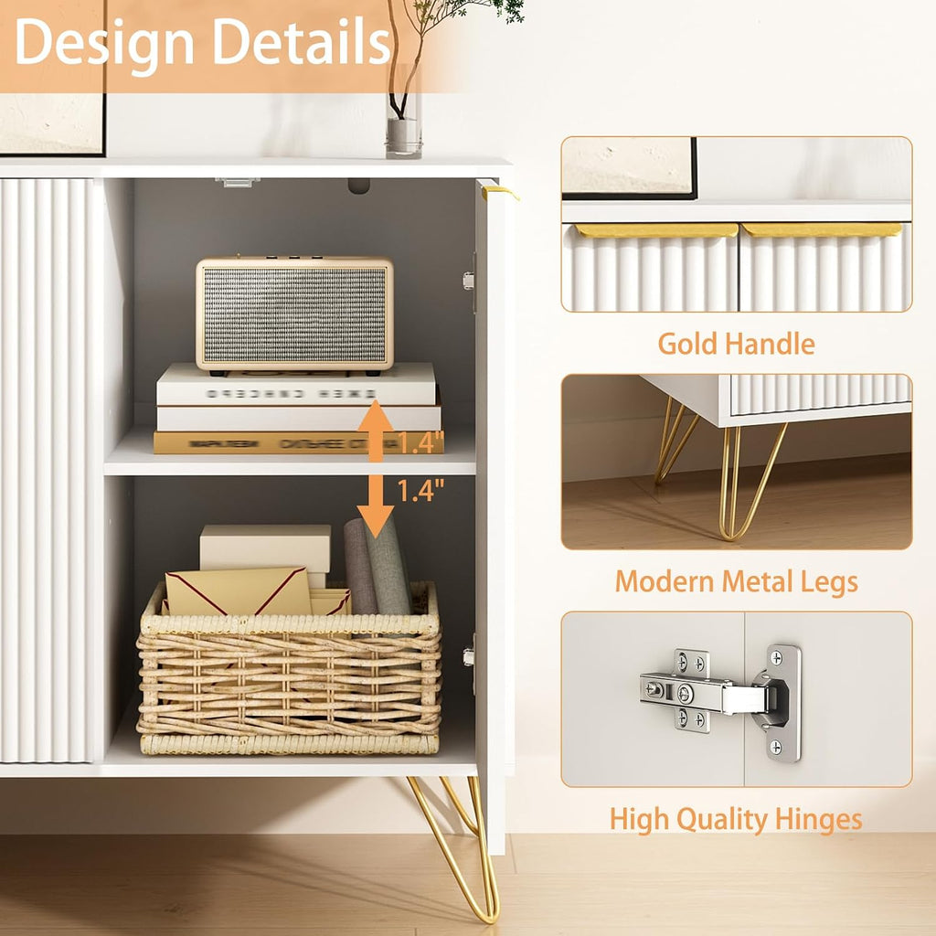 Storage Cabinet with 3 Fluted Doors and Adjustable Shelves, White丨Modern Wood Accent Table, Sideboard Buffet Cabinet