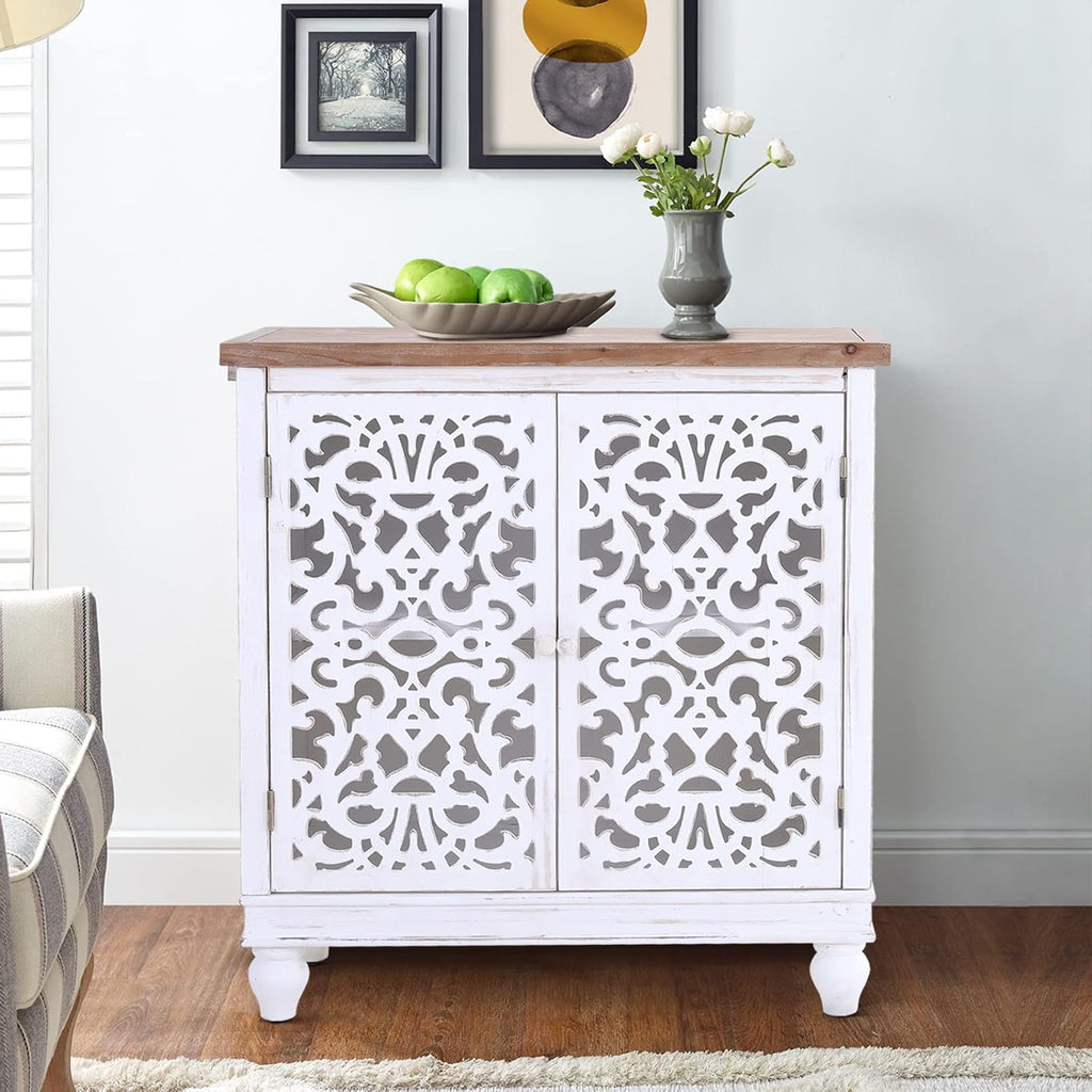Accent Cabinet with Doors, White Carved Buffet Cabinet | White Accent Cabinet with doors, Small Carved Decorative