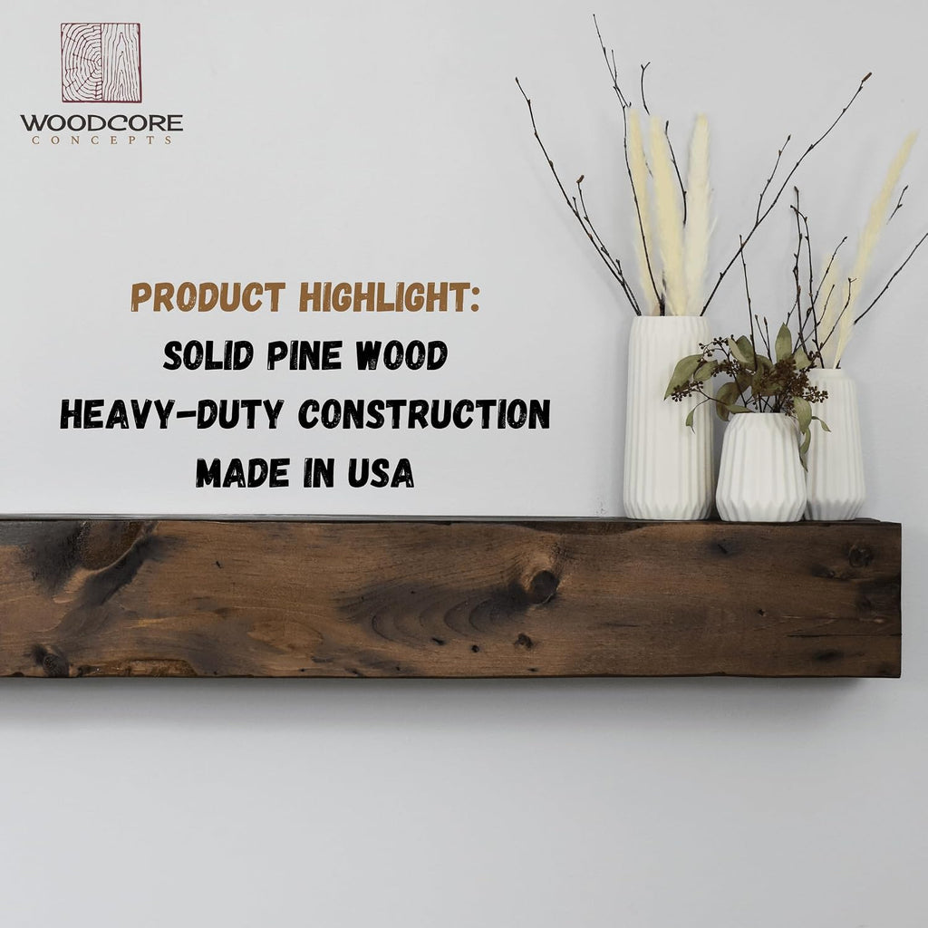 Dark Brown Shelf 66Lx6Hx6D - Solid Wood & Floating Mantel Shelf, Rustic Wooden Mantel, Handcrafted Fireplace
