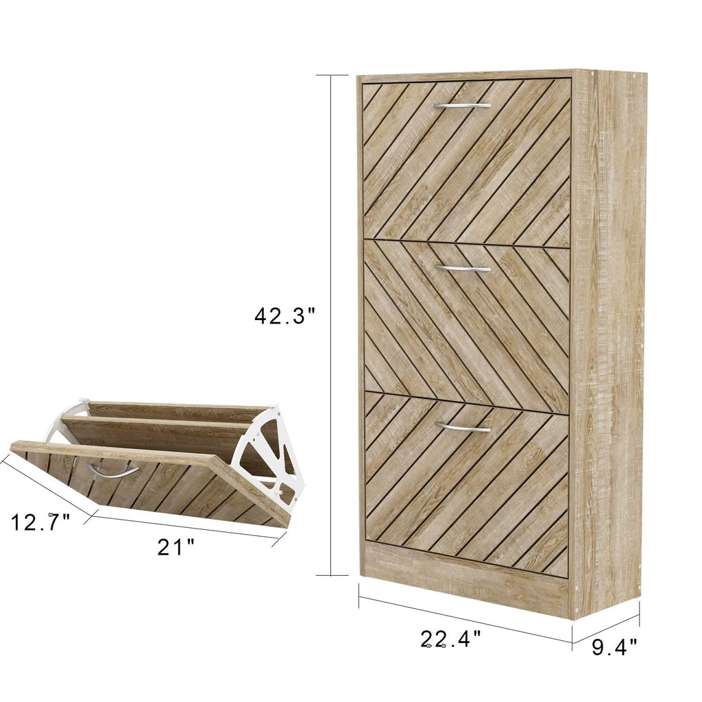 Small Shoe Cabinet with 3 Flip Drawers, Slanted Surface, Light Brown