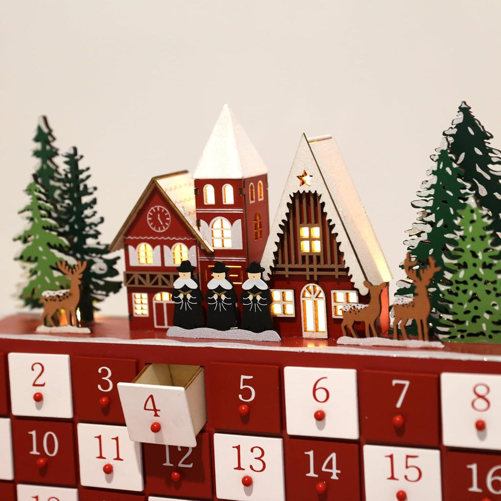 Christmas Wooden Advent Calendar with LED Lights, 24 Drawers Countdown to Christmas Festive Church Scene