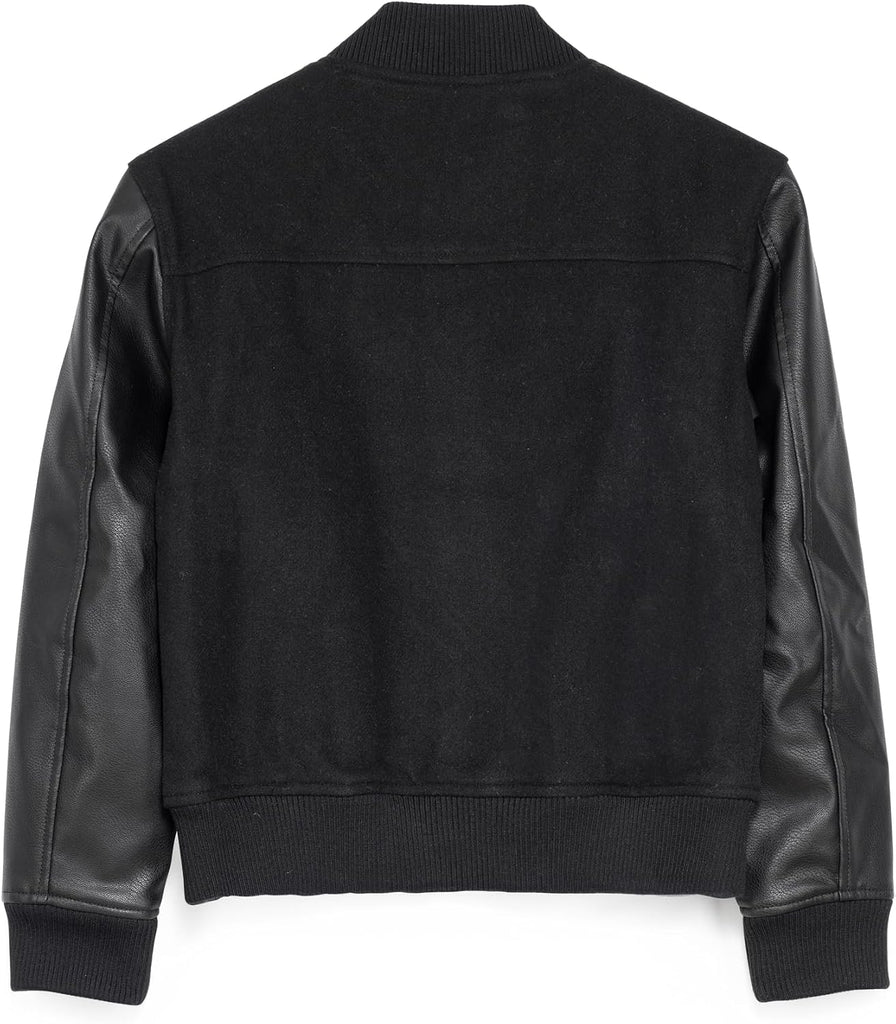 Boys Outerwear Coat with Faux Leather, Wool Varsity Bomber Jacket for Kids W/Grainy PU Sleeves for Boys