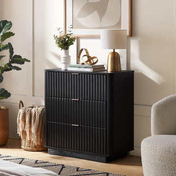 Brooklyn 3-Drawer Dresser, Fluted Dresser, Child-Safe Interlocking Drawers, Modern Farmhouse Dresser (Black Oak