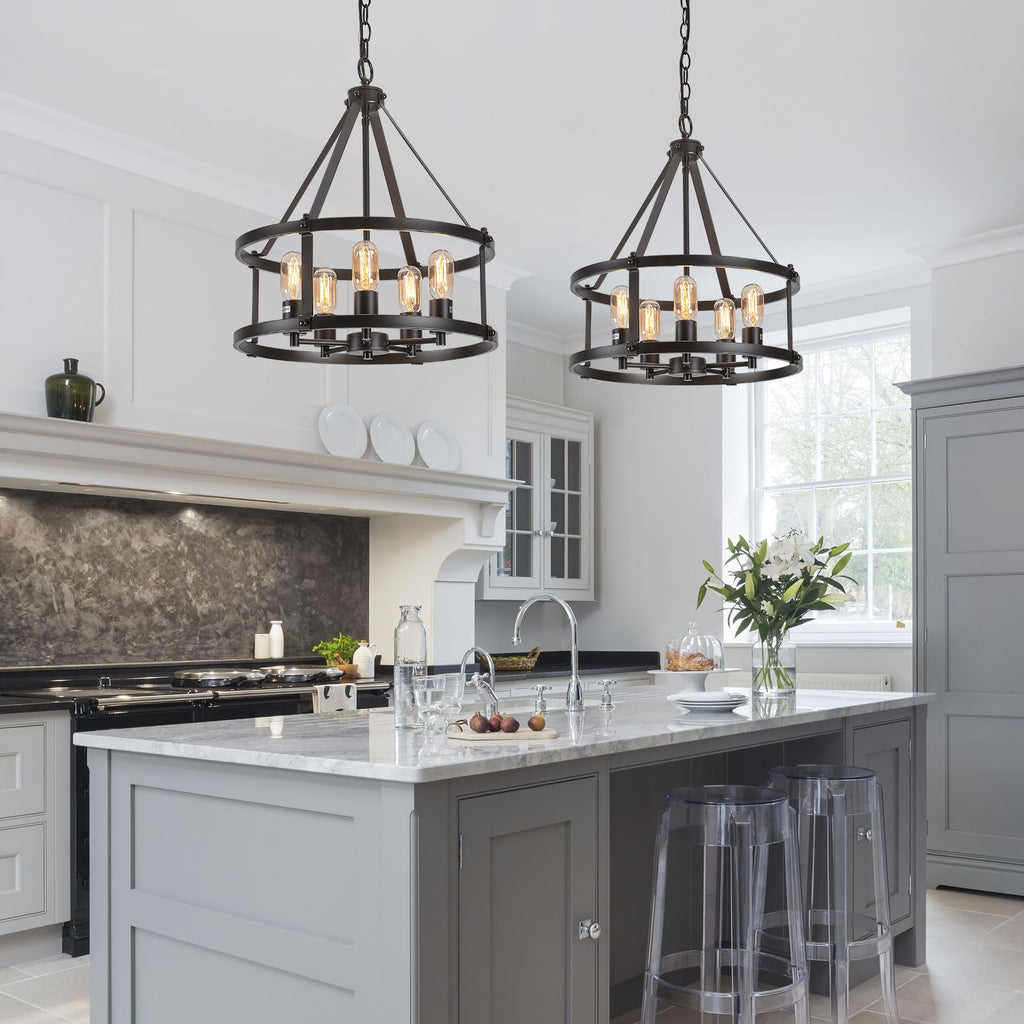 17.7''Farmhouse Black Chandelier, 5-Light Adjustable Height Industrial Hanging Lights E26 Base, Rustic Drum Pendant