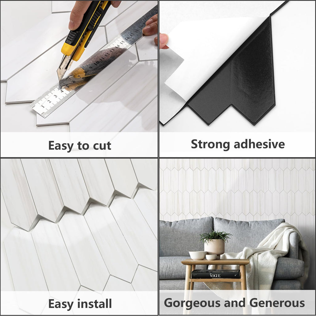Glossy Dolomite White Backsplash Tile Peel and Stick, 12.8 x 12.8 Inch 10 Sheets Long Hexagon PVC Self Adhesive