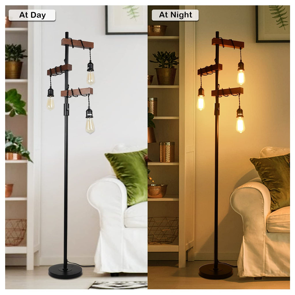 Dimmable Industrial Floor Lamp, Farmhouse Tree Floor Lamp, 68 Inch 3 Lights Wood Standing Lamp, Sturdy Base Tall