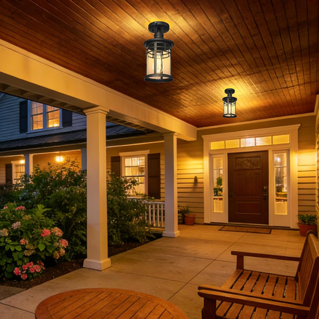 Semi Ceiling Light Fixtures, Dusk to Dawn Black Flush Mount Ceiling Lighting with Waterproof Seeded Glass Shade