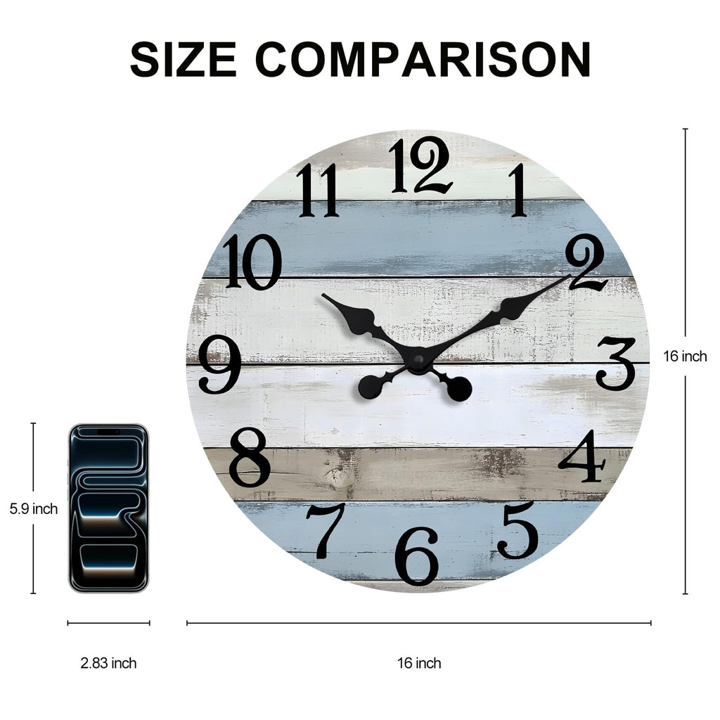 16 Inch Wall Clocks Battery Operated, Silent Non Ticking Wall Clock Wood, Coastal Country Design Rustic Wall Clocks