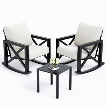 Rocking Chair Outdoor Oversized Metal Bistro Set 6.5" Cushion Cream