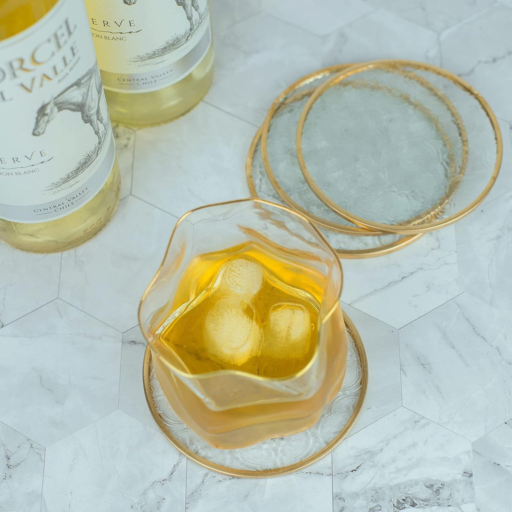Glass Gold Coasters with Holder, Round Cup Coaster Set with Carved Glass Stylish for Coffee Tea Wine - Set of 4