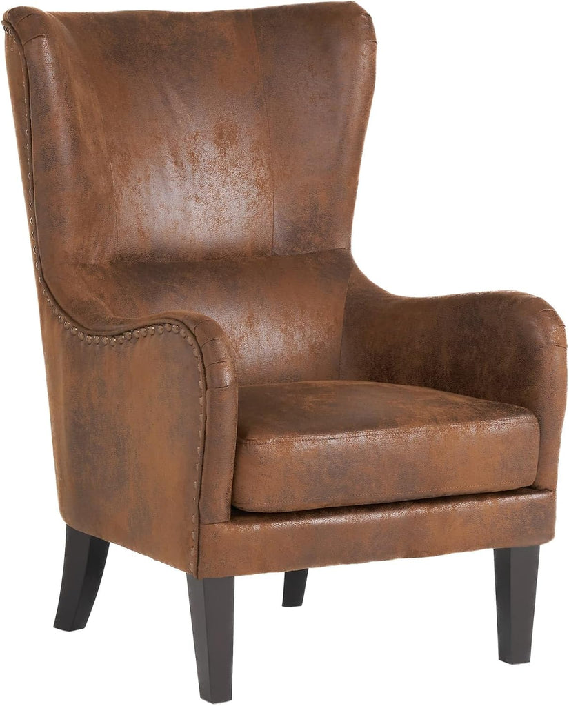 Mid-Century Modern Wingback Accent Chair, Faux Leather with Nailhead Trim