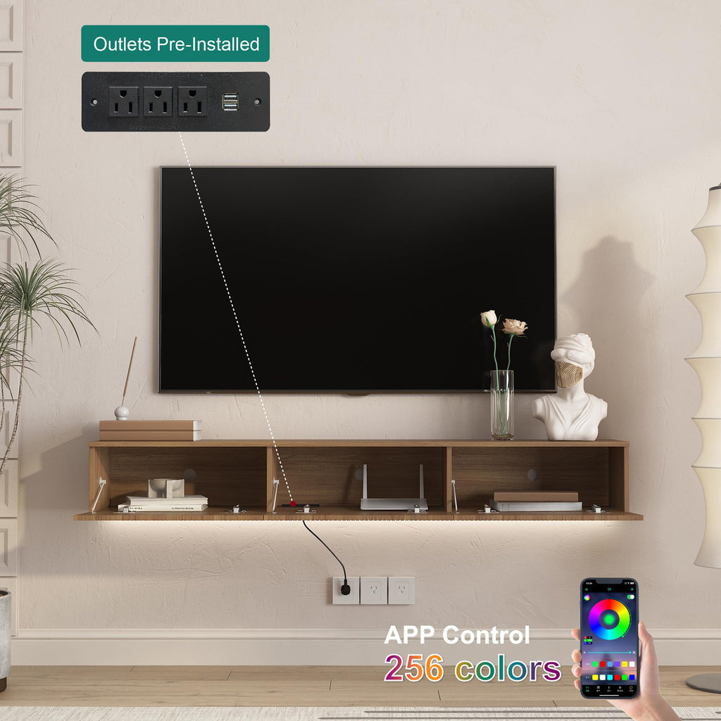 65" Floating TV Stand Wall Mounted, 16-Color LED 4 Modes Modern Fluted TV Console with 3 Flip-Down Cabinets