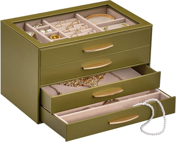 Jewelry Box Organizer with Glass Lid for Women -4Layer, Olive Green