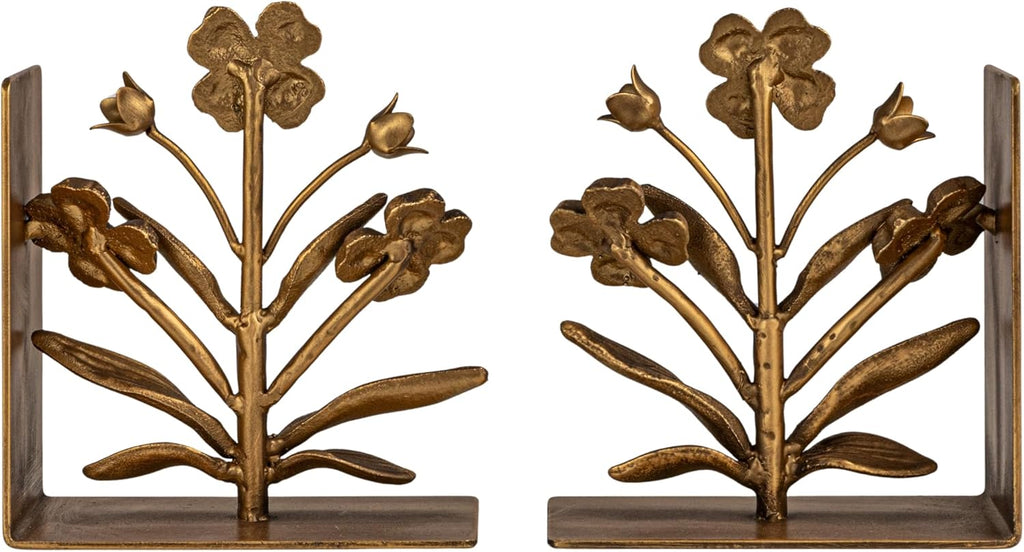 2-Piece Cast Metal Flower Bookends, Gold Finish