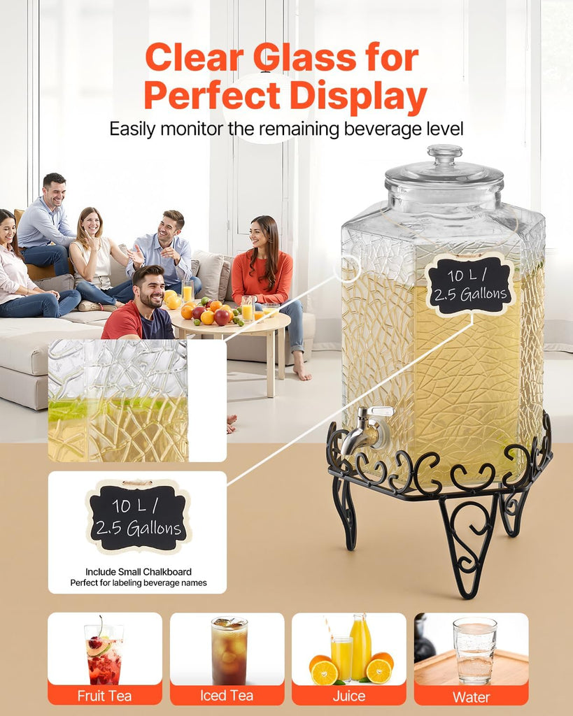 Beverage Dispenser, 2.5 Gallon Drink Dispensers for Parties, Glass Juice Dispenser with Metal Stand, Stainless Steel