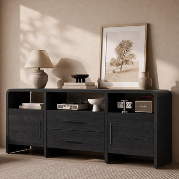 70" Curved TV Stand with Storage for TVs Up to 80", Modern Entertainment Center with 3 Open Shelves & 2 Drawers