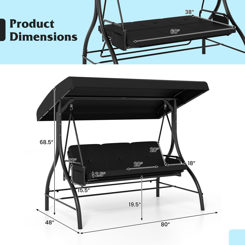 3 Person Porch Swing with Canopy, 2-in-1 Convertible, Black