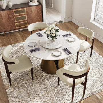 51" Round Dining Table for 4-6, Modern Round Dining Table with 23" Lazy Susan, 51" Glossy White Sintered Stonetop