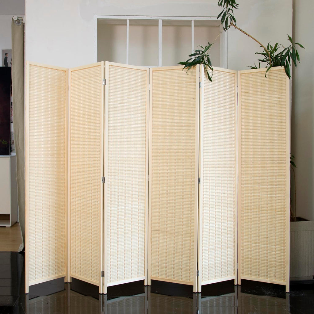 6 Panel Bamboo Room Divider - 5.6 ft Tall Natural Beige Folding Privacy Screen, Double-Sided Freestanding Partition
