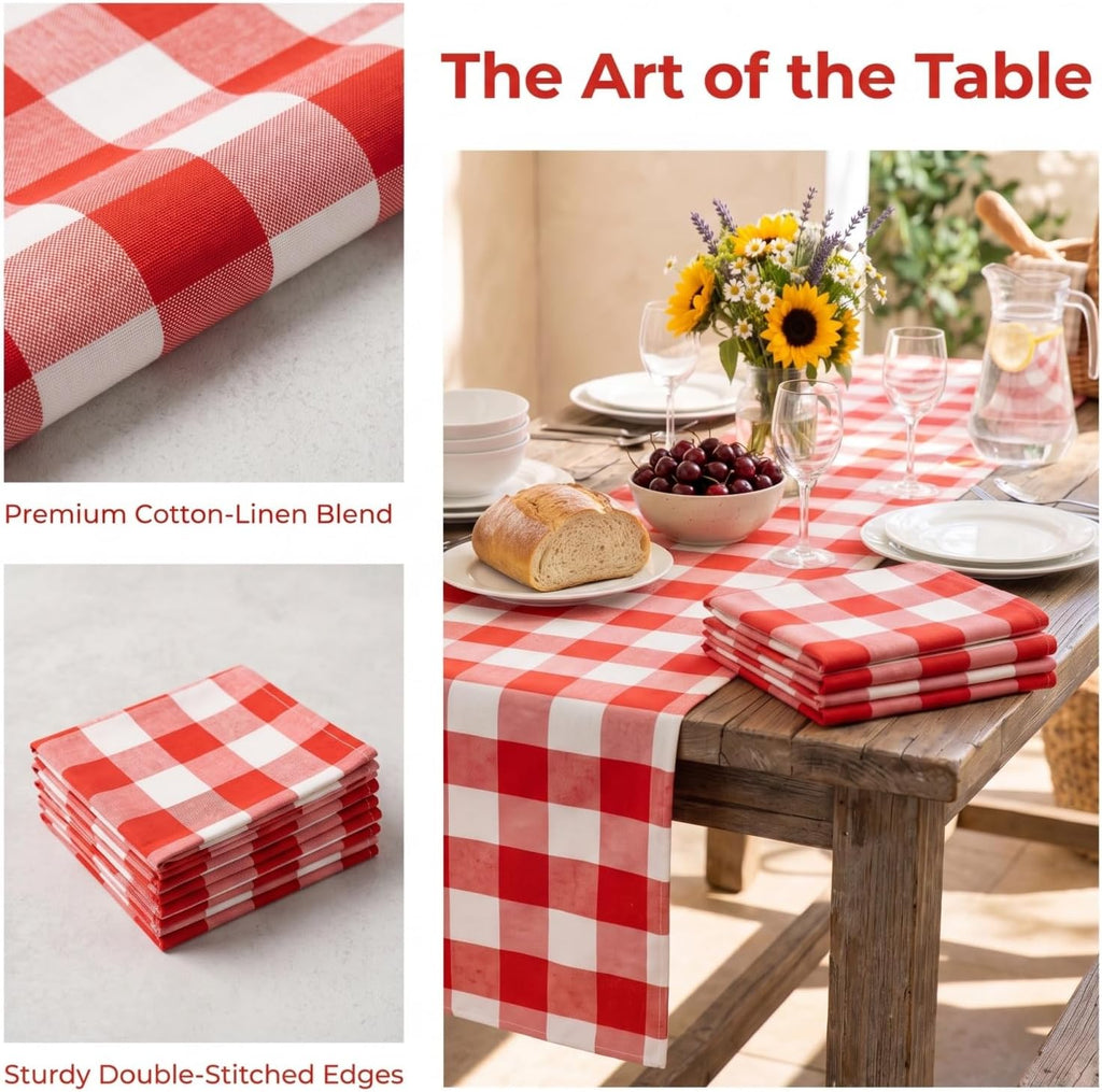 Red and White Checkered Table Runner 108 Inches Long, 4 Packs | Soft Cotton Linen, 14x108 Inch, Folded Hem, for