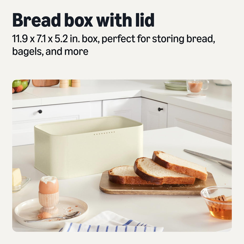Bread Box - Carbon Steel with Acacia Wood Lid, Lid Doubles as Cutting Board, 11.9 x 7.1 x 5.2