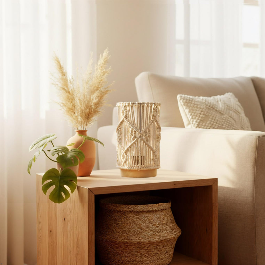 Table Desk Lamp, Small Boho Hollow-Out Decorative Bohemian Macrame Handmade Nightstand Night Light Solid Wood Base