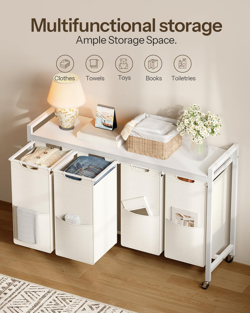 Laundry Sorter 4 Sections, Laundry Hamper with Wheels, 42 Gal (160 L), Rolling Laundry Basket, Pull-Out and Removable