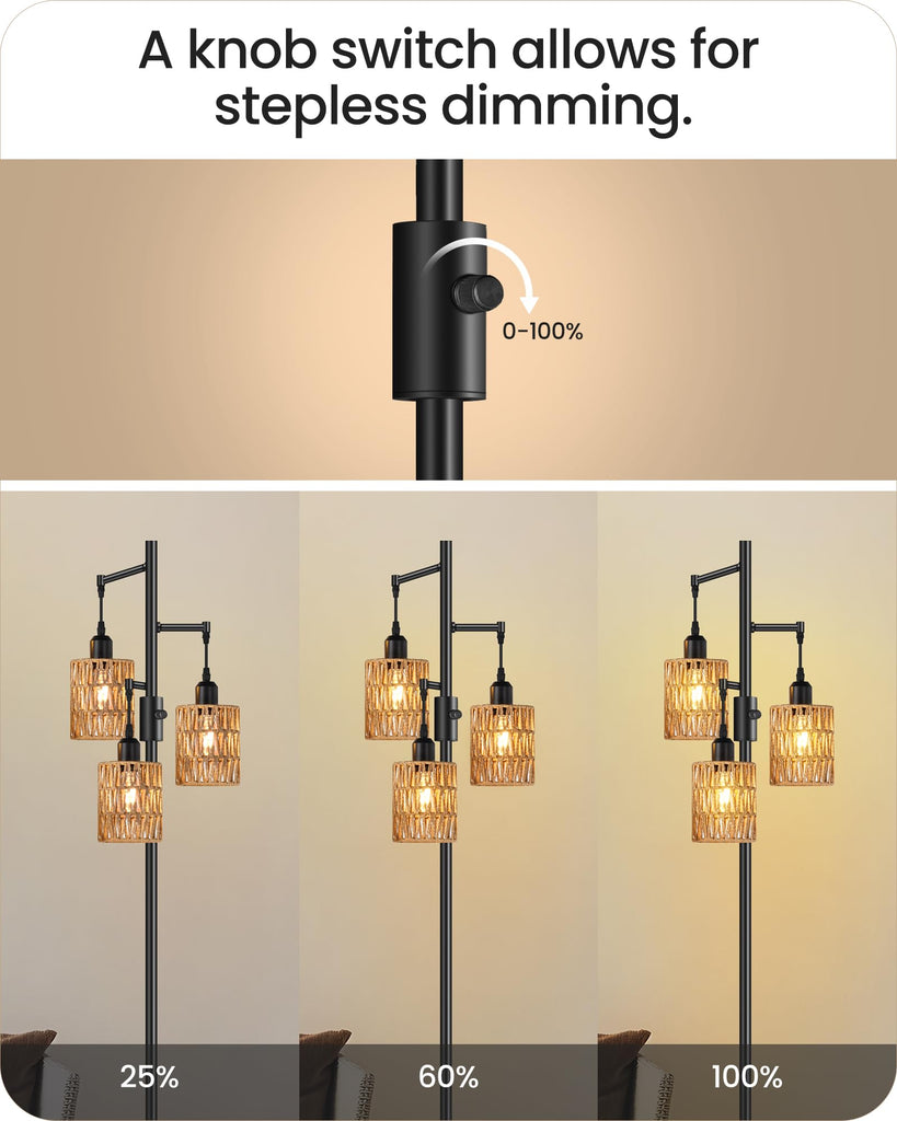 Dimmable Floor Lamp, Farmhouse Tall Standing 70.3" Tree Lamp with 3 Rope Woven Lampshades, Boho Rattan Floor Lights