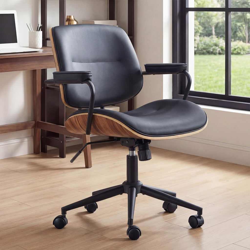 Mid Century Modern Office Chair with Armrest and Adjustable Backrest, Black