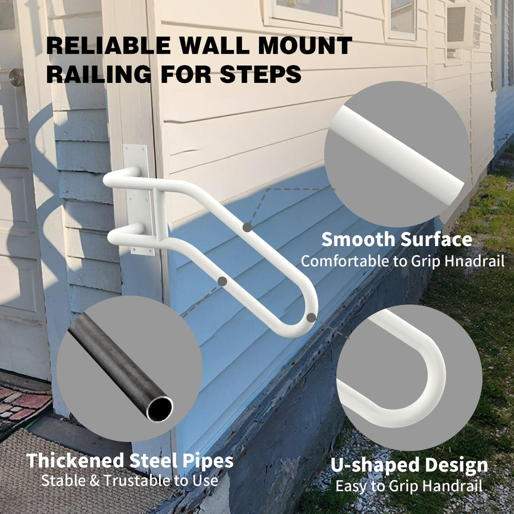 Left Side Wall Mounted handrail, Door Stair Railing for 1-3 Steps, White