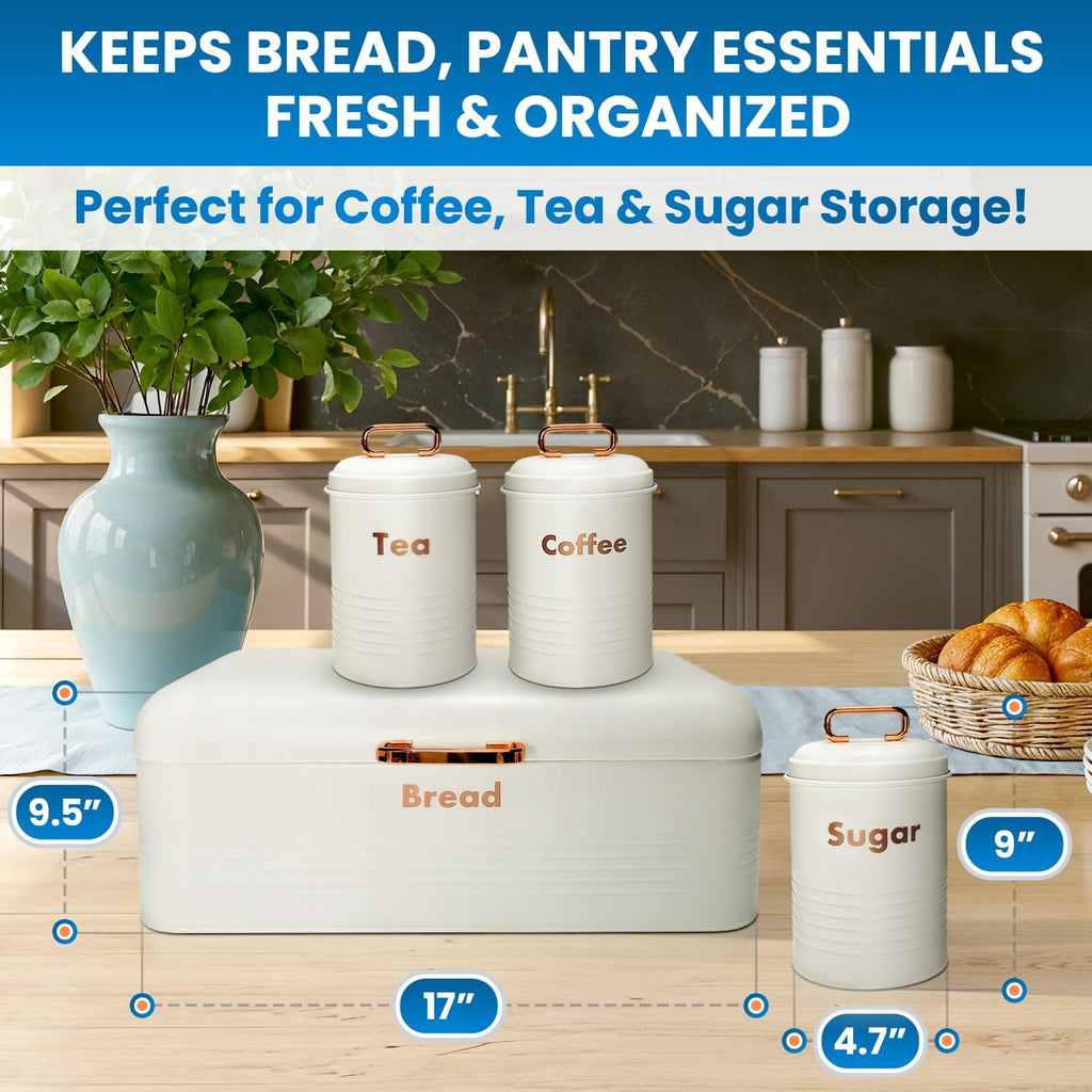 White Bread Box Countertop with Tea Coffee Sugar Containers Set - Metal Bread Storage Bin with Lid, Kitchen Canister - Set of 4