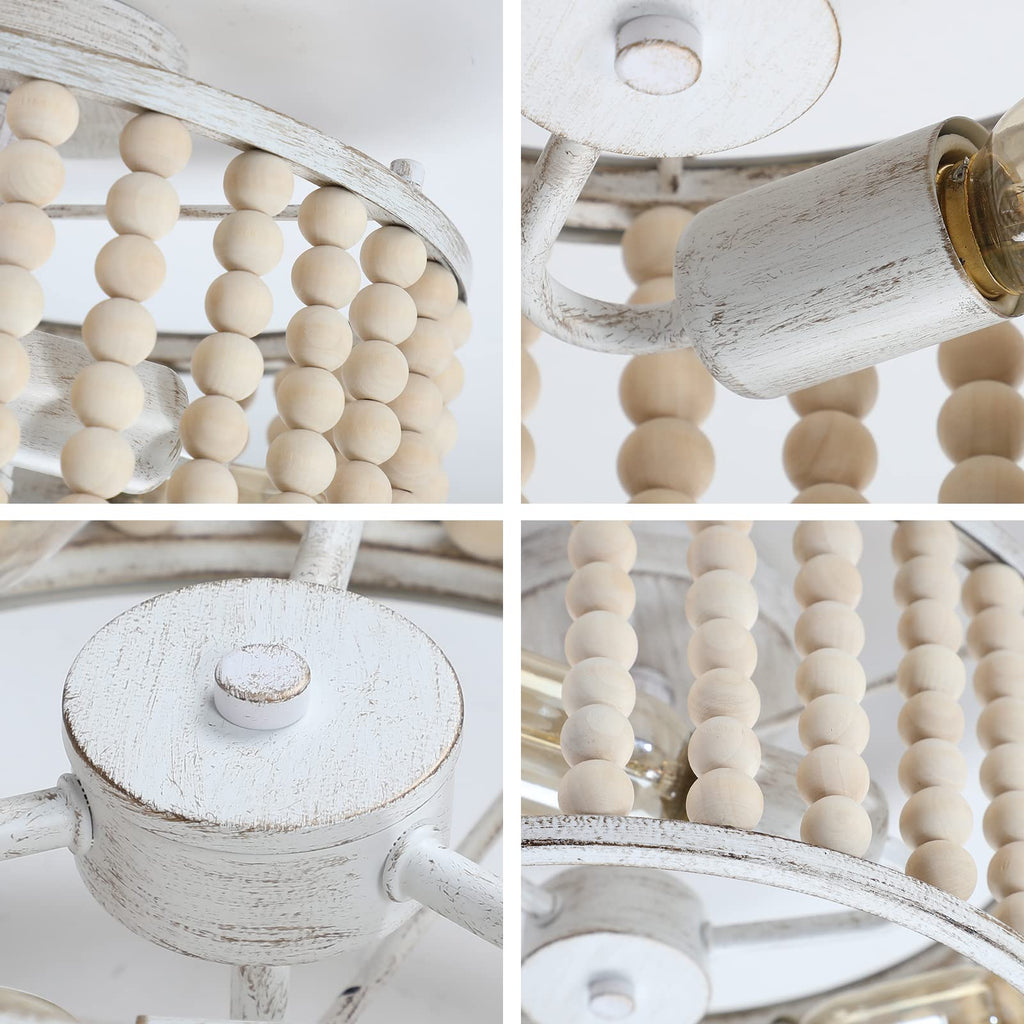 Wood Beaded Boho Chandelier Light Fixture, Semi Flush Mount Ceiling Light 3-Light Rustic Nursery Close to Ceiling